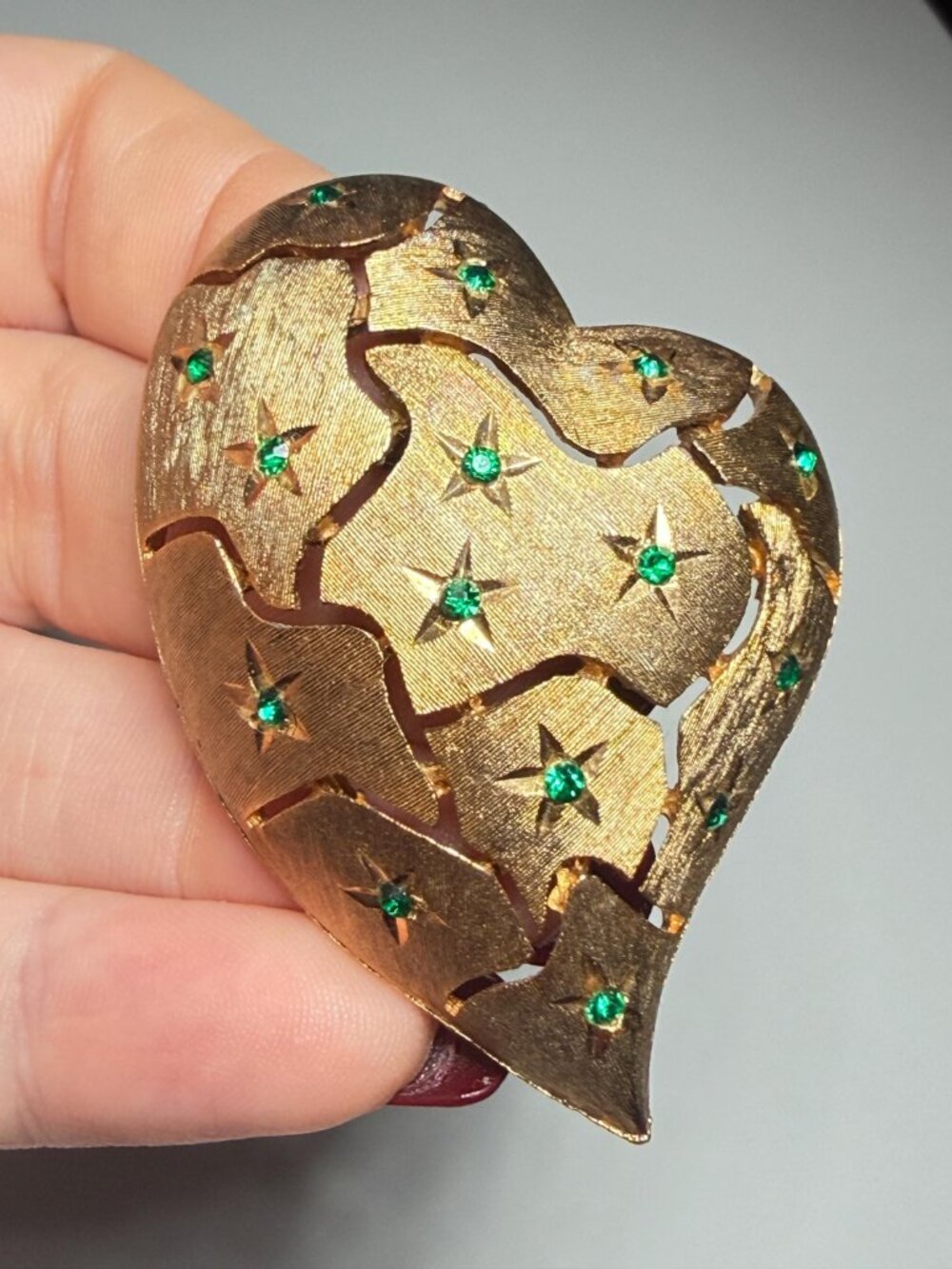 Puffed Heart Brooch Signed JJ Green Rhinestones Vintage